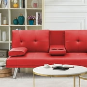Aukfa Leather Futon Convertible Sofa Bed for Home Office, 2 Cup Holders, Twin Size, Red