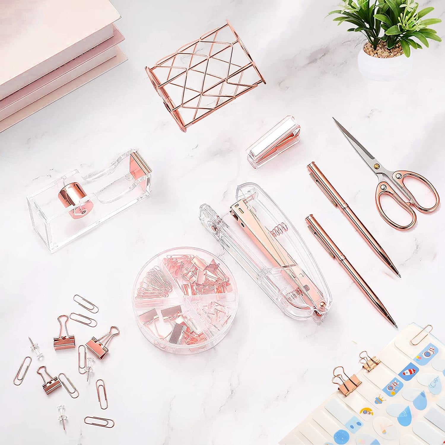 Rose Gold Desk Accessories, Acrylic Stapler Set Staple Remover, Tape Holder, Pen Holder, 2 Ballpoint Pen, Scissor, Binder Clips, Paper Clips and 1000Pcs Staples