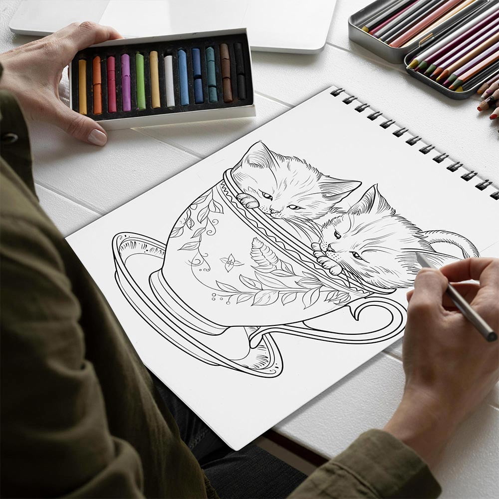 Netecom Teacup Kittens Coloring Book for Adults, Spiral Bound, Soft Cover