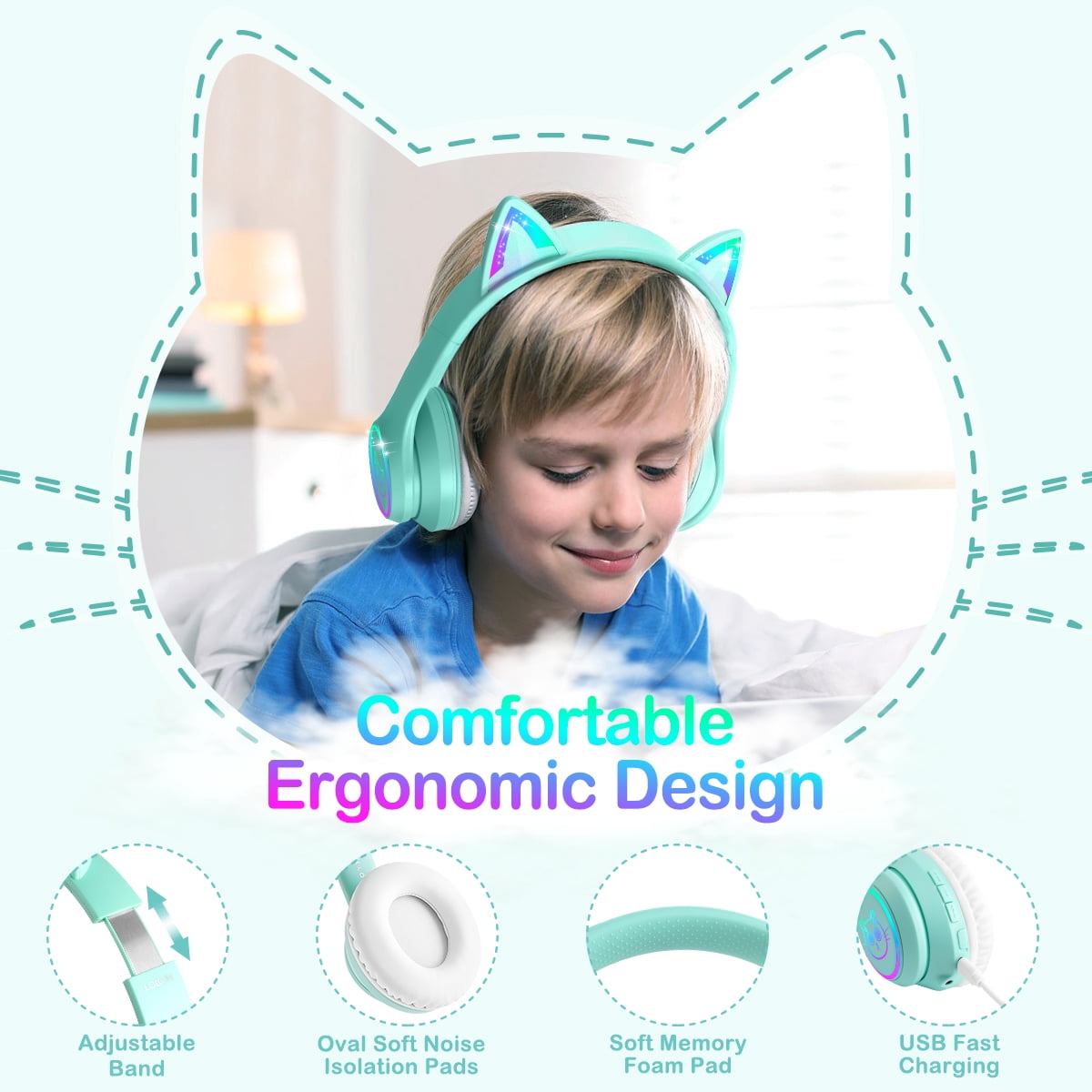 LOBKIN Kids Bluetooth Headphones Safe Listening for Girls, Boys, Children with 94dB Volume-Limiting, Wireless Headphones for School, Tablet, Green