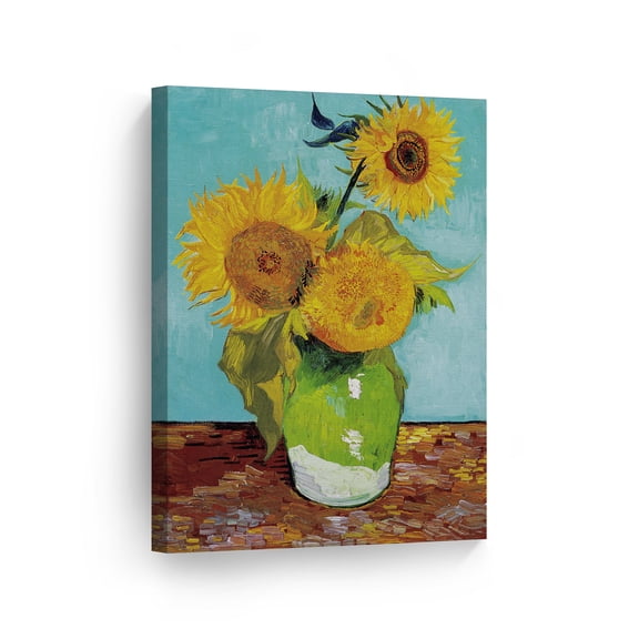 Smile Art Design Vincent Van Gogh Sunflowers, first version turquoise background Oil on canvas Canvas Wall Art Print Classic Modern Art Living Room Bedroom Decor Ready to Hang Made in USA - 22x15