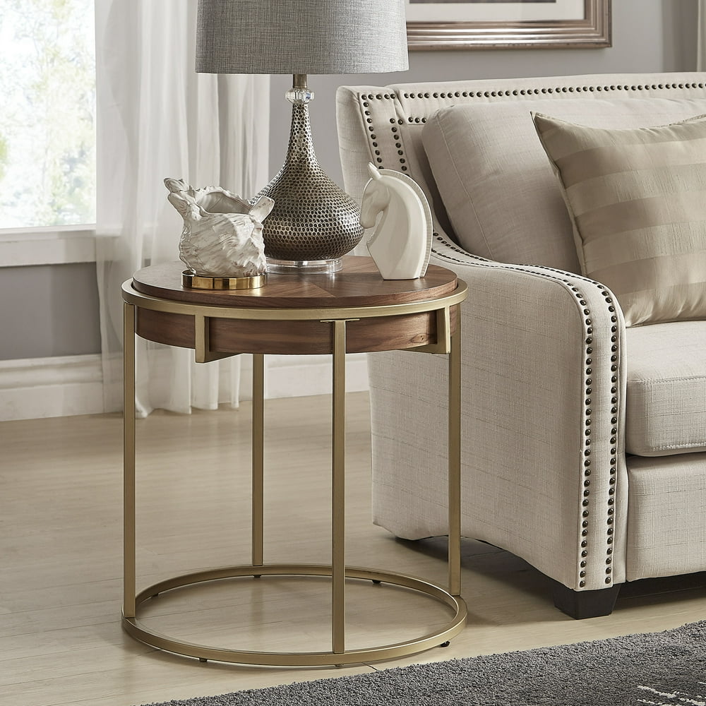 Weston Home Mako Wood and Metal Round End Table, Natural Finish, Gold