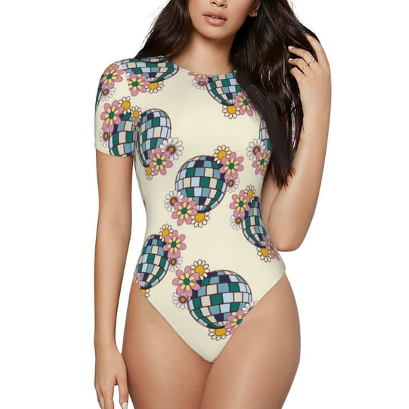 Hirioo 70s Disco Ball for Women's Round Neck Short-sleeved Onesie Basic Bodysuits-Small