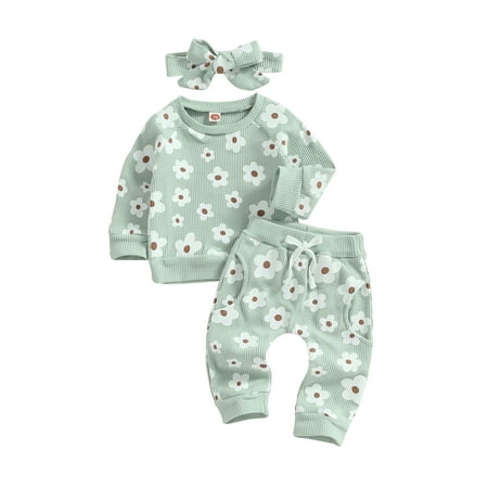 

Infant Baby Girl Waffle Outfits Flower Sweatshirt Tops Drawstring Pants Set Bow Headband Fall Winter Clothes 0-24M