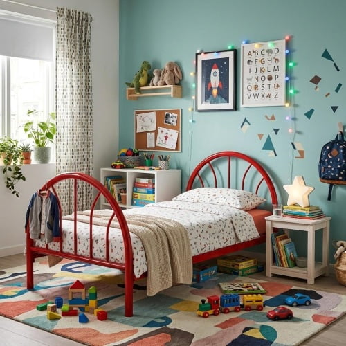 Heavy Duty Metal Twin Platform Bed Frame, 39" High, 16 Slats, Noise-Free, No Box Spring Needed, Easy Assembly, Red