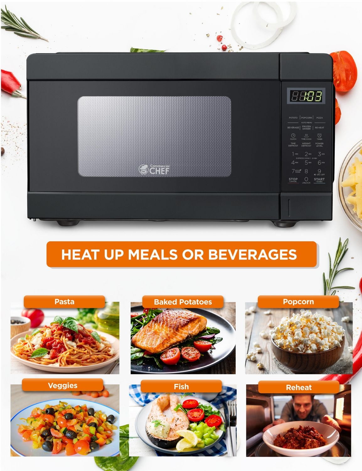 COMMERCIAL CHEF 0.9 Cu Ft Microwave with 10 Power Levels, Push Button and Child Lock, 900 Watt Microwave with Digital Controls, Countertop Microwave with Timer and Quick-Touch Menu, Black