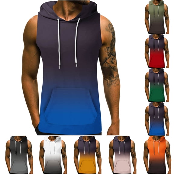 Agkizg Men's Hooded Tank Top Gradient Color Hawaiian Print Drawstring Pocket Sleeveless Hoodie