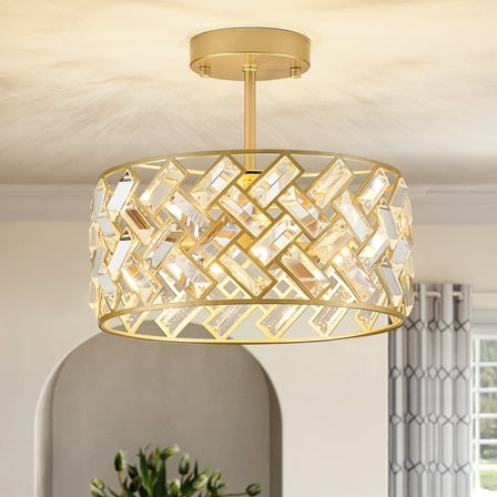 Modern Gold Crystal Chandeliers, Small Semi Flush Mount Chandelier 4-Ligh 12'' Drum Crystal Pendant Light Fixture for Foyer Entryway Kitchen Hallway Dining Room