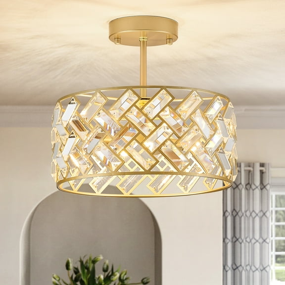 Modern Gold Crystal Chandeliers, Small Semi Flush Mount Chandelier 4-Ligh 12'' Drum Crystal Pendant Light Fixture for Foyer Entryway Kitchen Hallway Dining Room