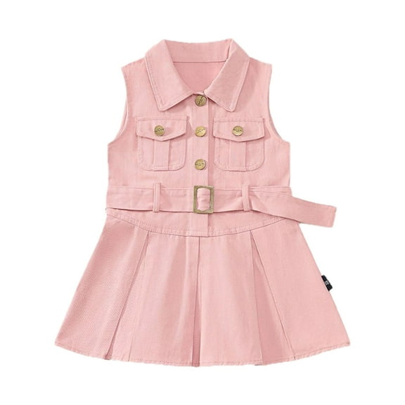 THDHVS Baby Girl Dress,Dress for Girls,Girl's Fashion Solid Color Workwear Denim Skirt Sleeveless Lapel Collar Dress with Waistband Pink 7-8 Years