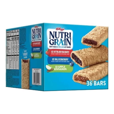 Kellogg's Nutri-Grain Whole Grain Snack Bars, Apple Cinnamon, Blueberry and Strawberry, 36 Count, 1.3 oz
