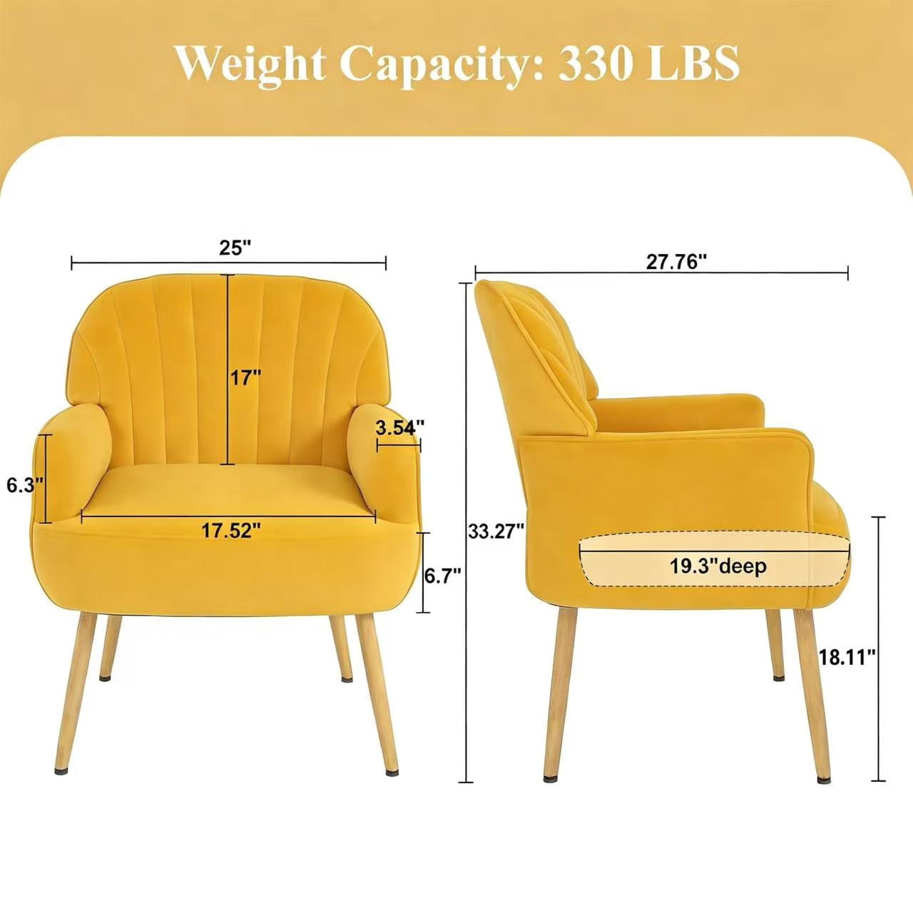 Mintazer Velvet Accent Chair with Shell-Shaped Backrest, Modern Upholstered Armchair with Metal Legs for Living Room & Bedroom, Yellow