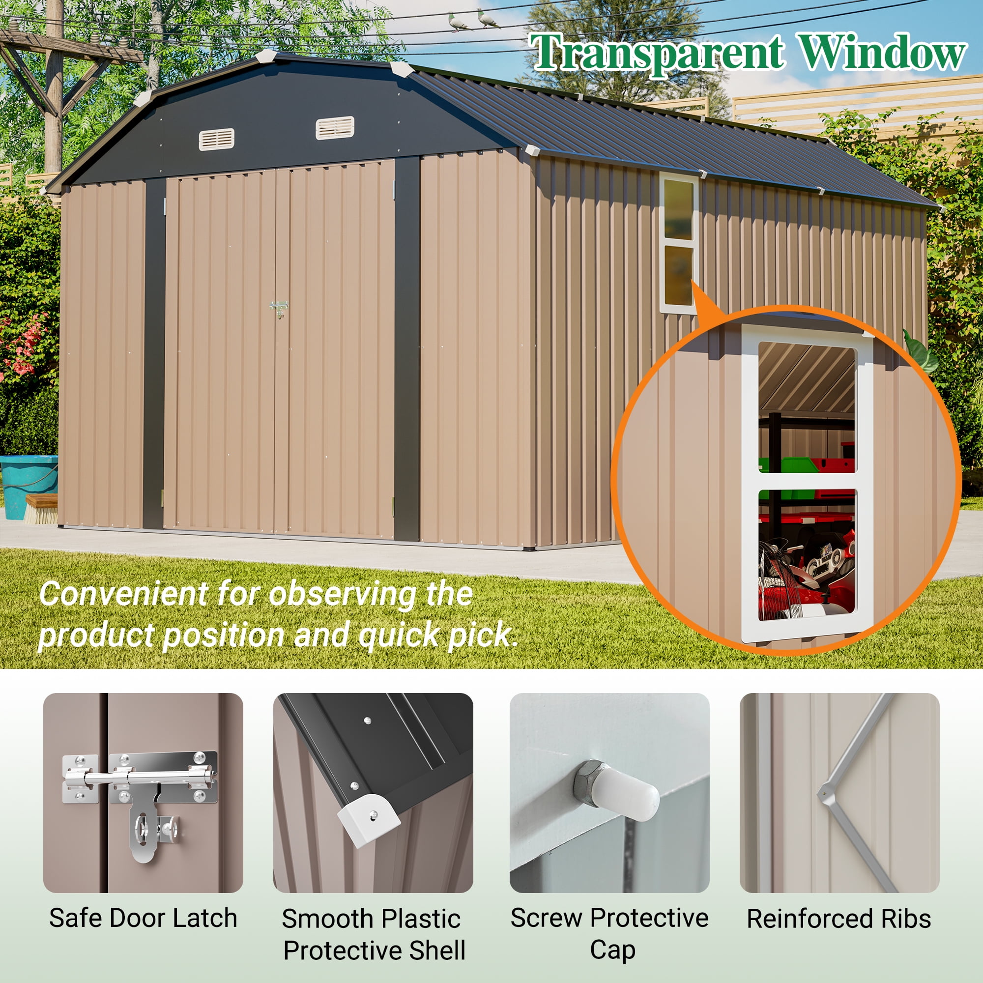 LZBEITEM 10' x 12' Metal Outdoor Storage Shed with Floor Frame Kit, Tool Shed Heavy Duty with Window and Lockable Door for Garden Backyard, 10.24 psf, Brown