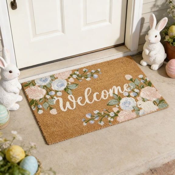 Bunny And Outdoor Coir Doormat – Spring Butterfly Flower Welcome Front Door Mat Indoor Outdoor Entrance, Floral Artificial Coir Doormats Rugs for Porch Entryway Decor 20"x31.5"