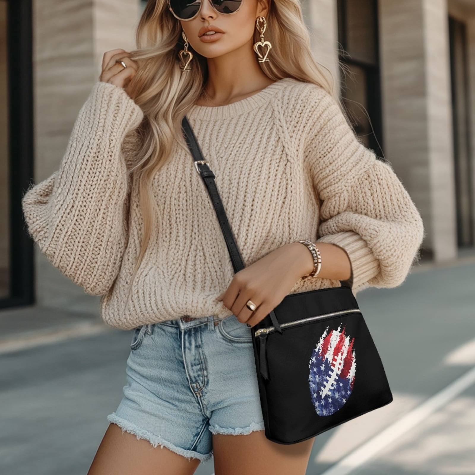LedBack American Flag Football Print Leather Women Satchel Purse Crossbody Sling Hobo Bag with Multi Pockets, Zipper Shoulder Handbag Messenger Bag with Adjustable Shoulder Strap, Black