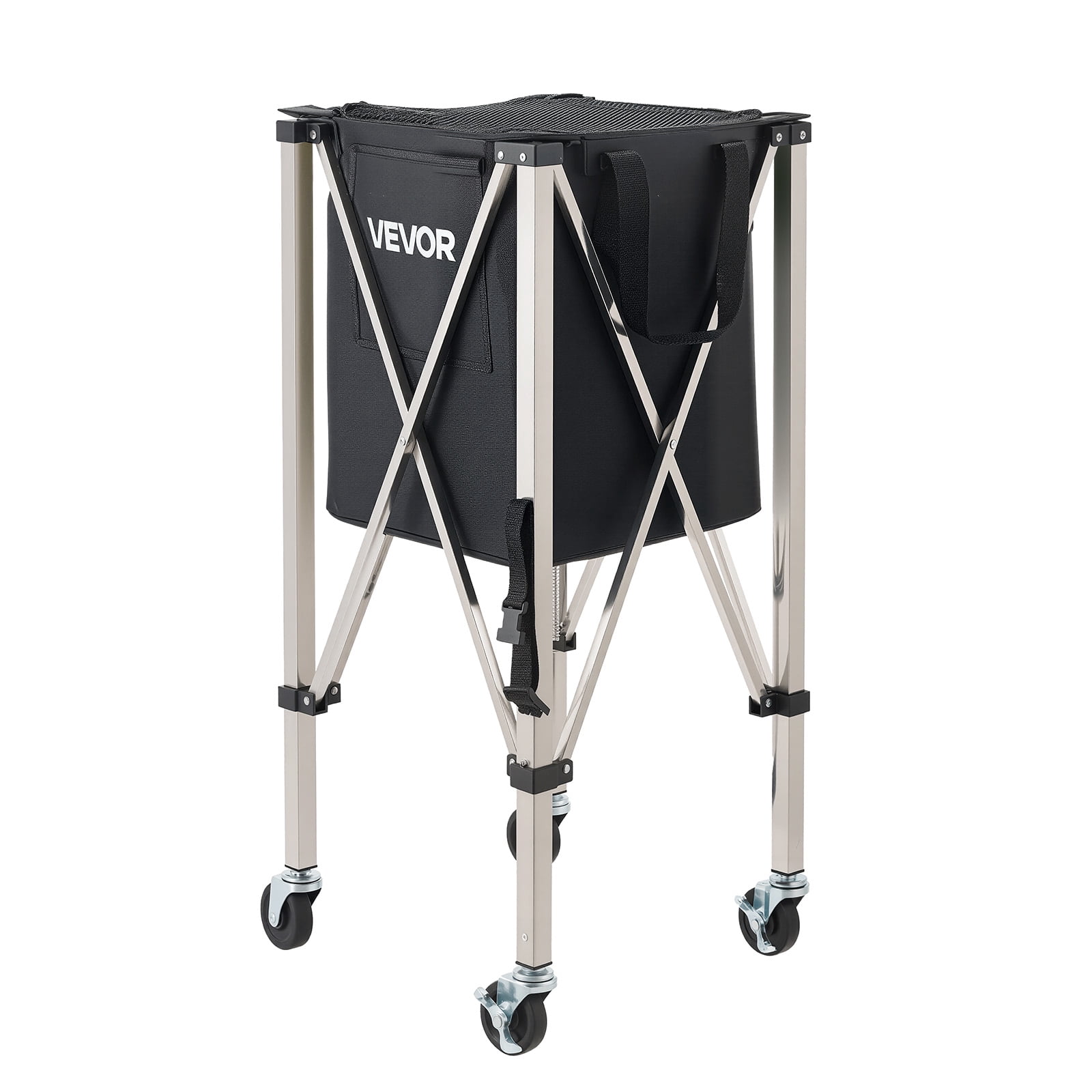 VEVOR Tennis Ball Hopper, Holds 200 Tennis Balls, Foldable Pickleball Basket Cart with Wheels for Easy Pick Up, Stainless Steel Portable Pickleball Cart Caddy with Storage Bag, for Training Teaching