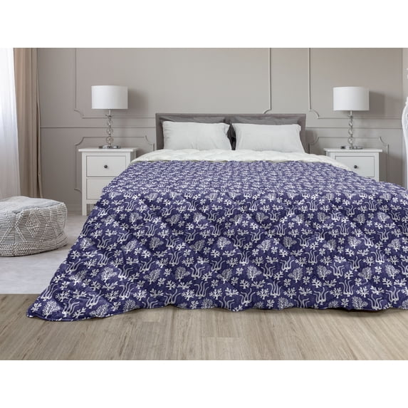 Floral Down Alternative Comforter, Demonstration of Vintage Style Garden Flowers and Leaves Meadow Field Plantation, Microfiber Quilt for All Season, 5 Sizes, Dark Blue, by Ambesonne