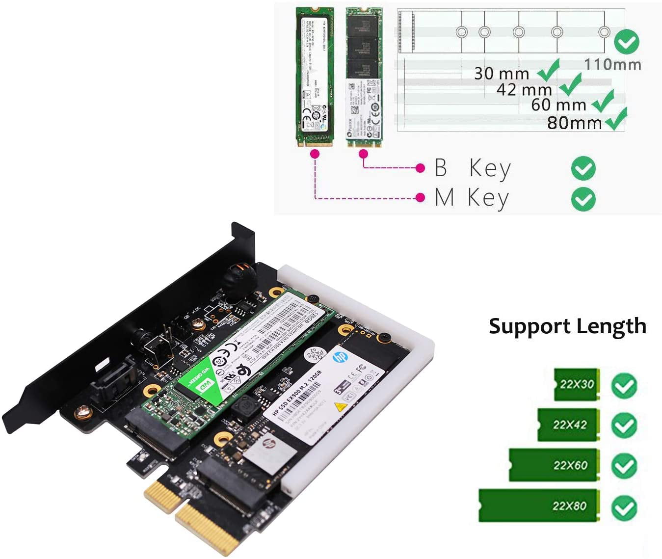 M.2 PCIe NVMe and PCIe AHCI SSD to PCIe 3.0 x4 and M.2 SATA SSD to SATA III Adapter Card EZDIY-FAB Dual M.2 Adapter 