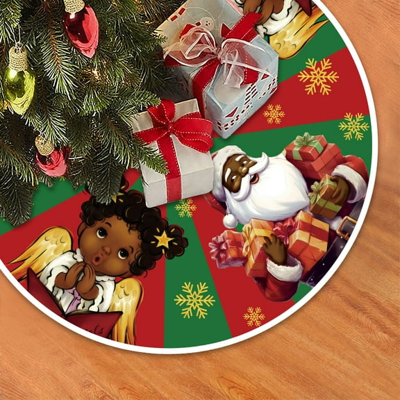 SWAJUJA Christmas Tree Skirt 48Inch Black Santa Christmas Tree Decorations Red and Green African American Xmas Tree Skirt for Winter Holiday Party Home Decor Indoor Outdoor