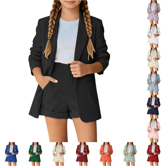 TBWNWG Girls Two Piece Button Down Long Sleeve Short formal Outfit for Everyday Casual School Spring Summer Girls Age 3 to 14