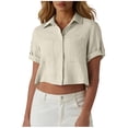 thumbnail image 3 of TaTaai Women's Short Sleeve Crop Shirt with Button-Down Collar, Patch Pockets, Rolled Tab Sleeves, and Casual Modern Fit Gift, 3 of 7