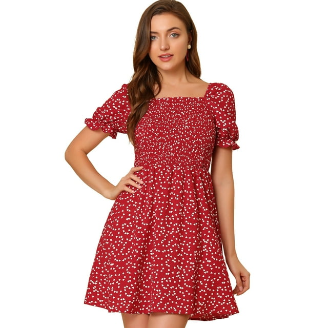 INSPIRE CHIC Women's Heart Print Square Neck A-Line Smocked Short Dress