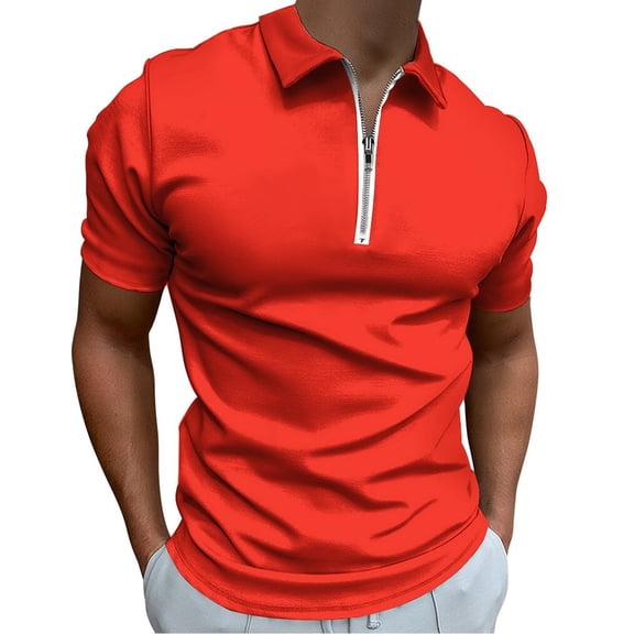 Pure Red Men Zipper T-shirt Summer Casual Short Sleeve T-shirt Top