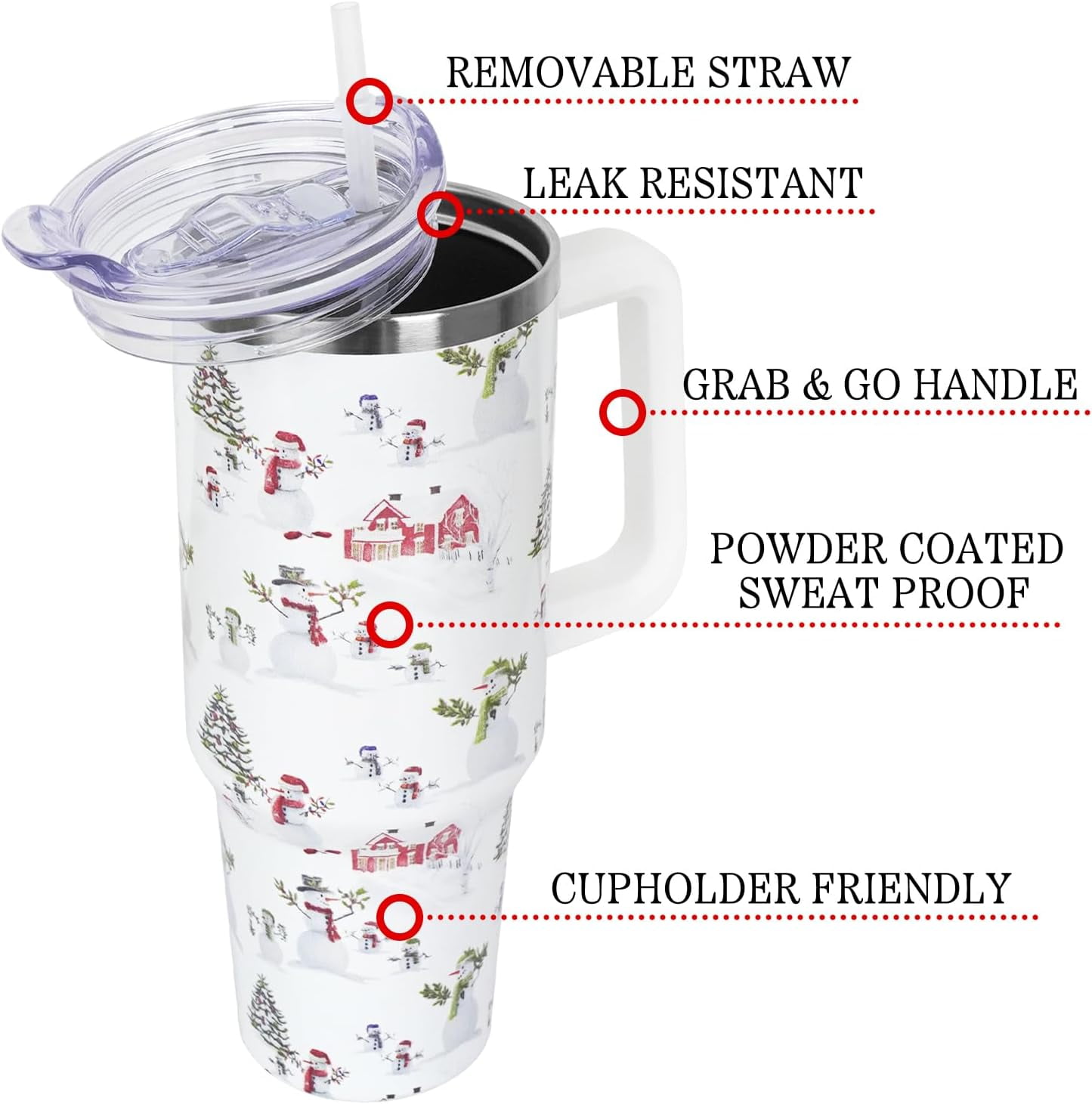 Christmas Gifts 40 oz Tumbler with Handle and Straw Lid,Cute Gifts for Women Snowman Xmas Tree Vacuum Insulated Leak Proof Tumbler,Winter Holiday Accessories Stainless Steel Coffee Cup Mug