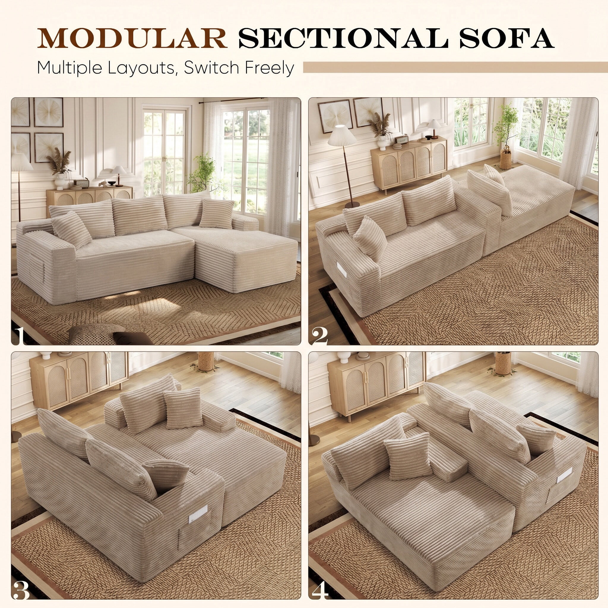 Lunale Small Modular Sectional Sofa with Movable Chaise, L-Shaped Boneless Cloud Couch for Living Room, Camel (Right Facing Chaise)