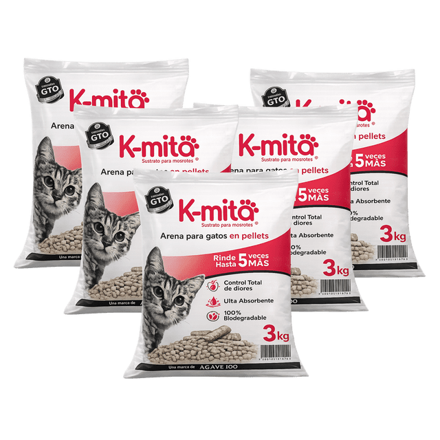 Kmita Premium - 15 kg (5 de 3kg) - Arena para Gato en Pellets, 100% Natural – Biodegradable – Rinde 5 Veces Más - Cero Olores - Cero Polvo - Ulta Absorbente