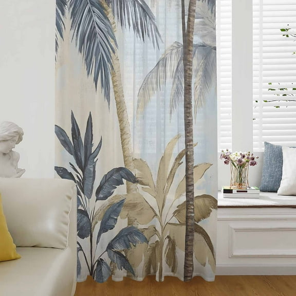 Retro Palm Trees Semi Sheer Curtains Drapes for Living Room, Bedroom, French Doors Window 63 Inches Long, Summer Botanical Vintage Watercolor Rod Pocket Chiffon Curtain Drapery Voile Draperies Panel