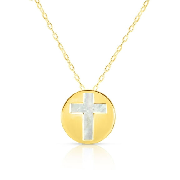 14K Yellow Gold Mother Of Pearl Cross Pendant Necklace, 16"