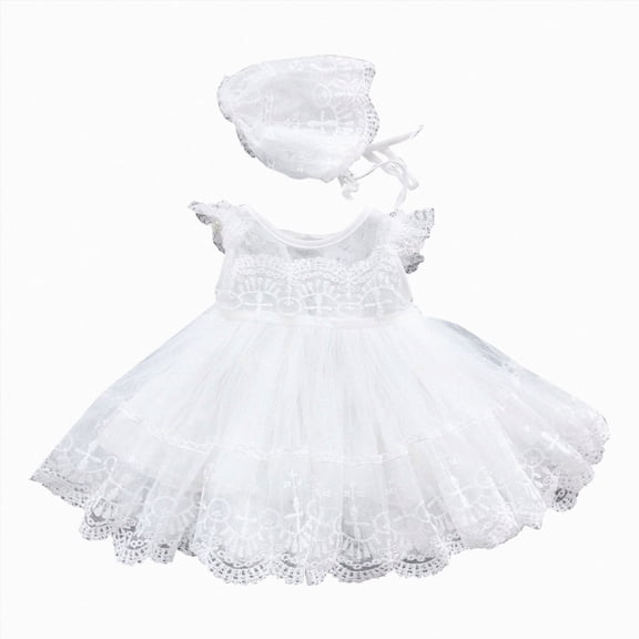Splozh Baby Dresses 3 6 12 18 24 Months Newborn Baby Girls Baptism Dress Infant Lace Crochet Tulle Dress Ruffled Sleeve Bubble Skirt,White,6-12 Months