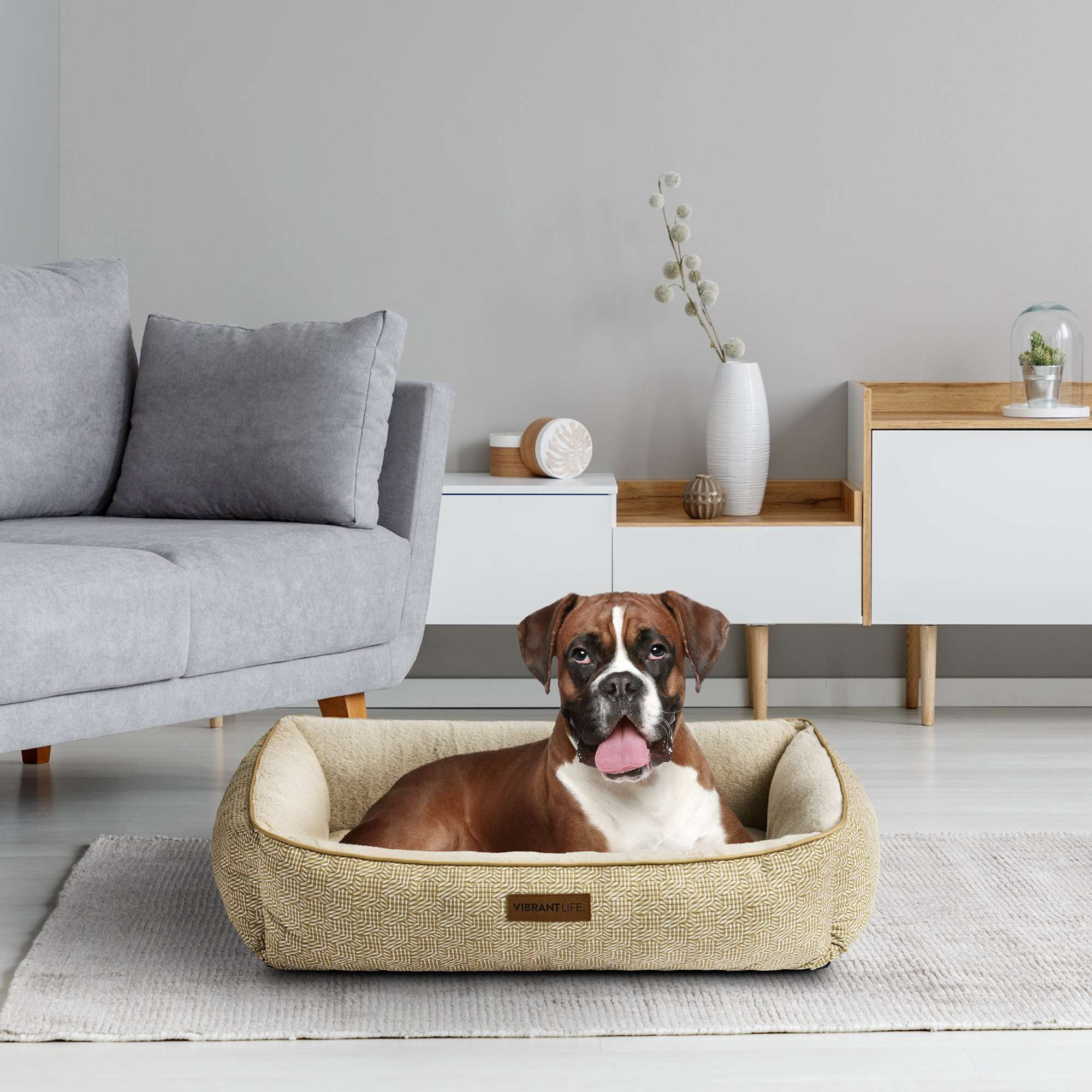 Vibrant Life Large Dog Bed, Bolster Dog Bed for Large Dogs, 36" x 27", Tan