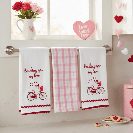Serafina Home Valentines Kitchen Towels: Sending You Love Bicycle and Cute Candy Striped XO Heart Towel Set 3pc