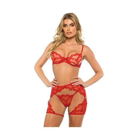 Roma Costume Baroque Heart Embroidered Lingerie Lace Stretch Satin 3 pc Chaps Underwire Bra & Thong Set  Red (Women s)