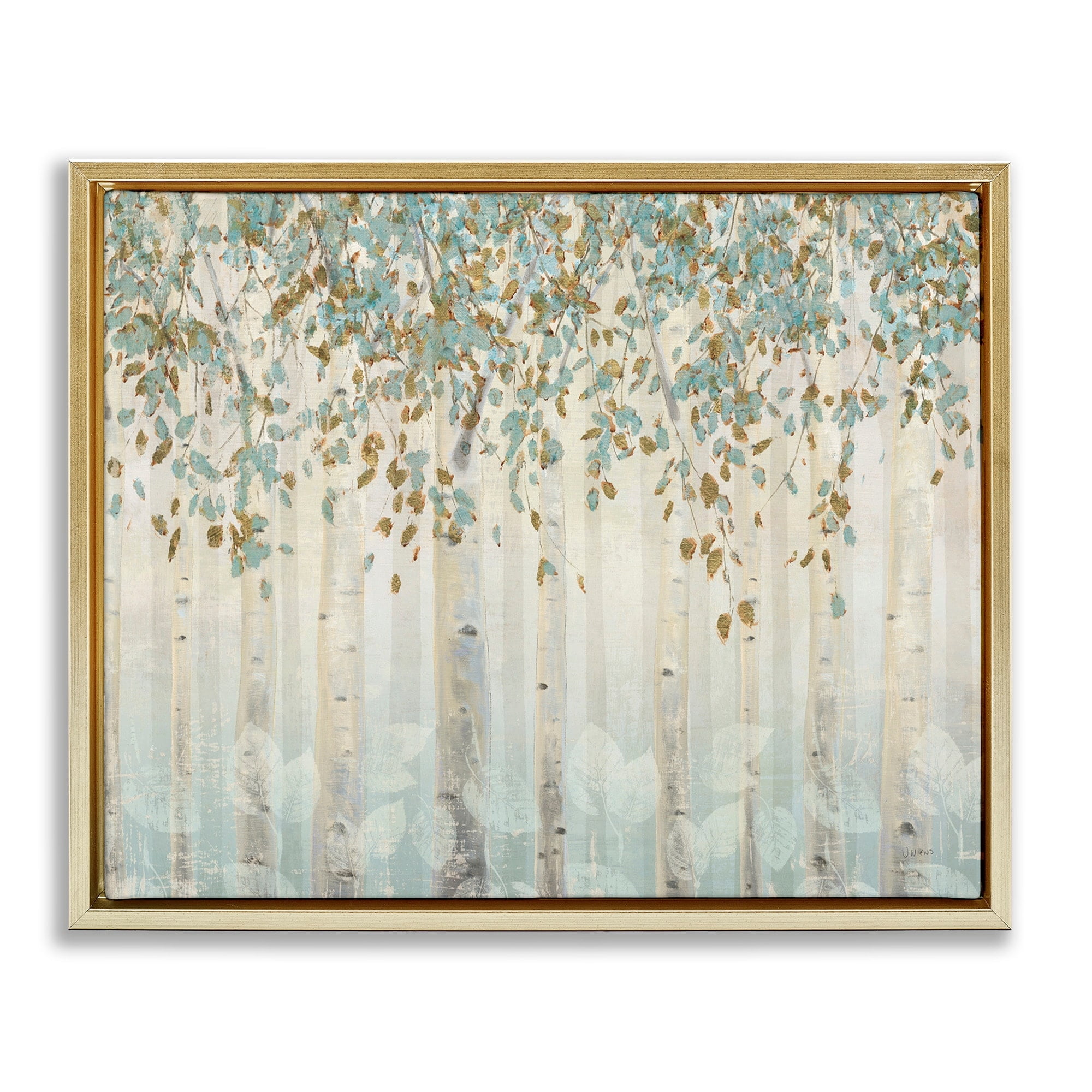 Stupell Industries Abstract Forest Leaves Trees Blue Tan Soft Painting Metallic Gold Framed Floating Canvas Wall Art, 16x20, by James Wiens