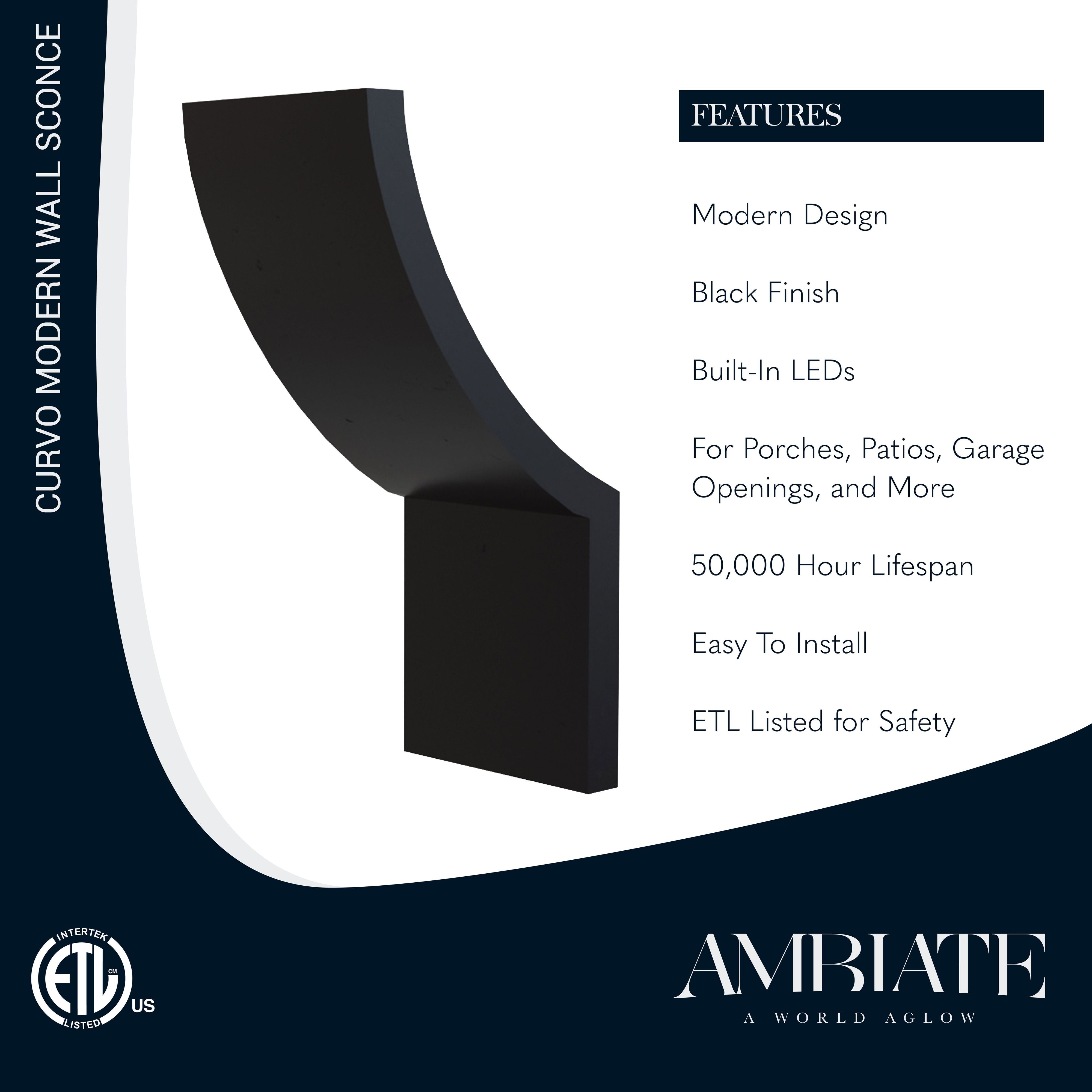Ambiate Curvo Modern LED Wall Sconce Fixture, 12 Watts, 3000K, 90 CRI, 650 Lumens, Outdoor Use, Black Finish, For Porches, Patios, Garage Openings, Commercial or Residential, ETL Listed