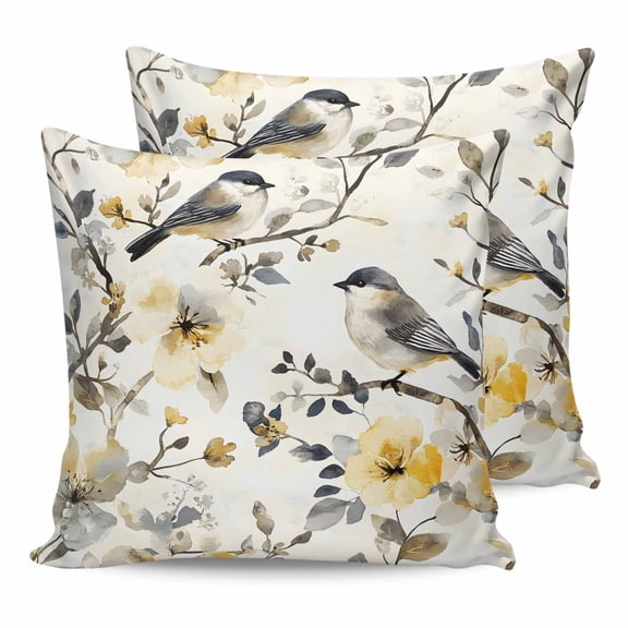 Pillow Covers 20x20 Set of 2, Yellow Grey Botanical Throw Pillow Covers Decorative Couch Cushion Cover, Spring Floral Summer Birds Vintage Microfiber Soft Square Pillowcases for Bedroom Sofa