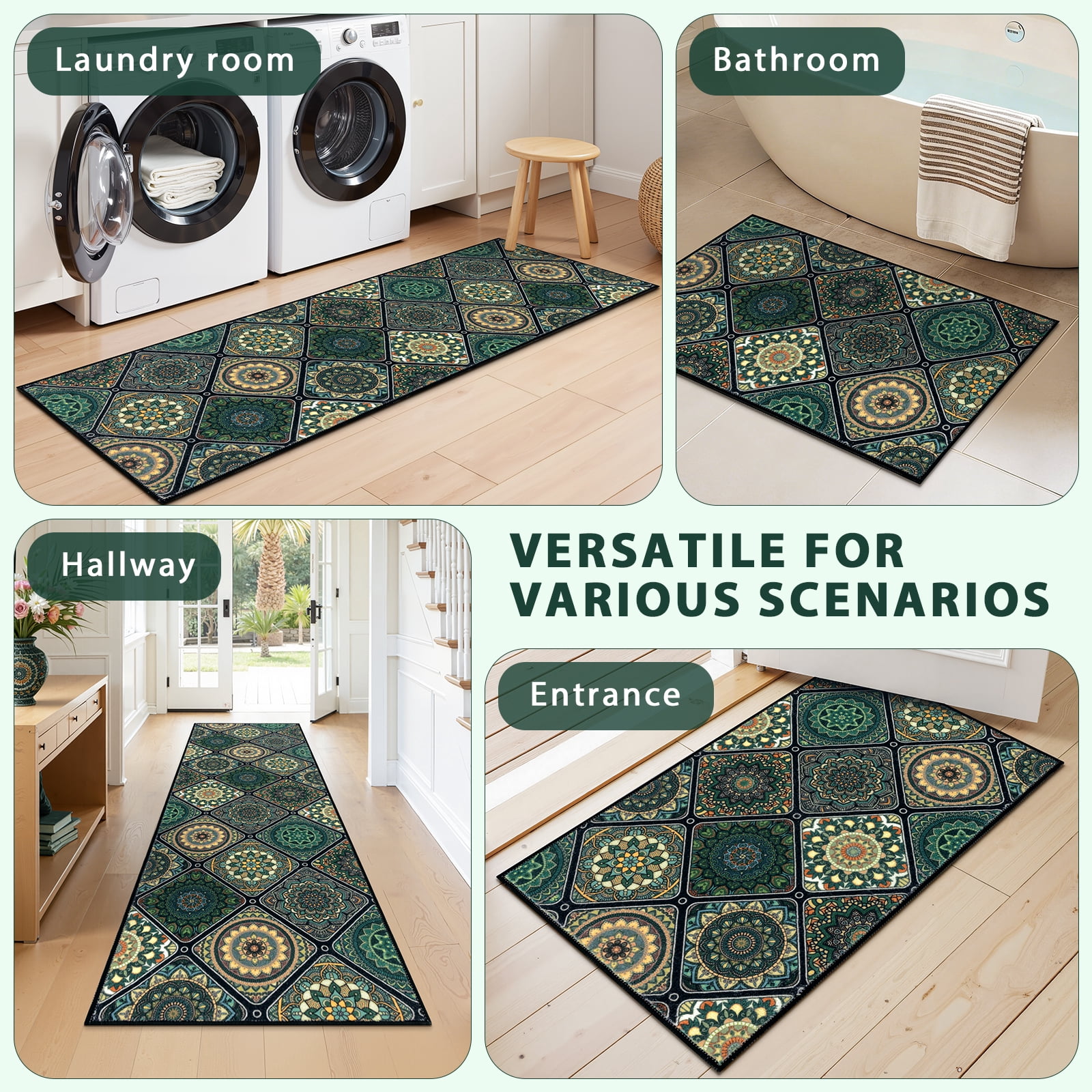 Findosom 2pc Boho Kitchen Rugs and Mats Set, Non Slip Washable Kitchen Runner Rug for Kitchen Floor, Farmhouse Kitchen Decor, Hallway, Entryway, Laundry Room,20"x32"+20"x47" Green