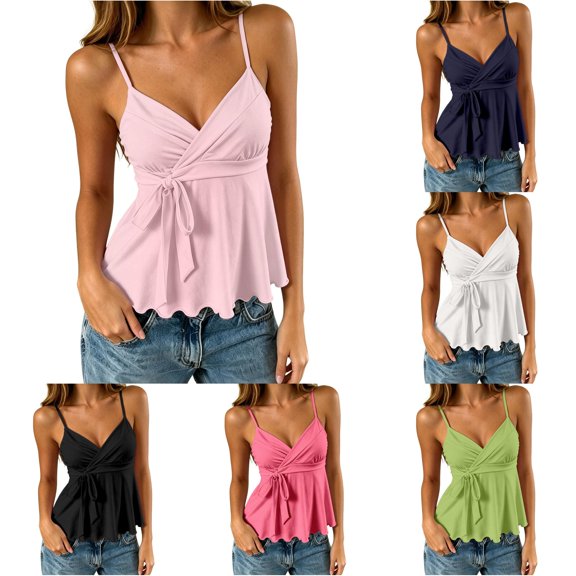 SGMVNU Women's Cute Sleeveless Peplum Tank Tops Sleeveless V Neck Crop Wrap Top Cute Summer Tie Front Camisole, Light Pink, Size 2XL