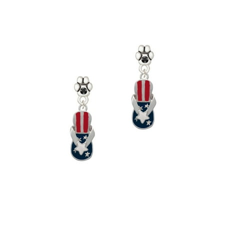 Austrian Crystal Flip Flop - USA Patriotic Flip Flop with White Star - Black Crystal Paw Earrings