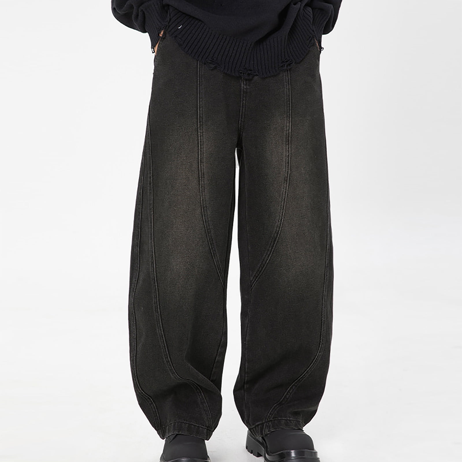 HOOMEUMY Relaxed Straight Men Male Vintage Baggy Jeans Retro Washed Workwear Jeans Casual Loose Pants Casual Denim Pants Black 10