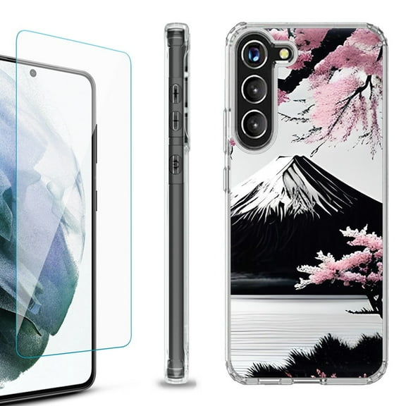 OneToughShield ® for Samsung Galaxy S23  S23 Plus 5G Shockproof Bumper Phone Case, with Tempered Glass Screen Protector - Fuji Sakura