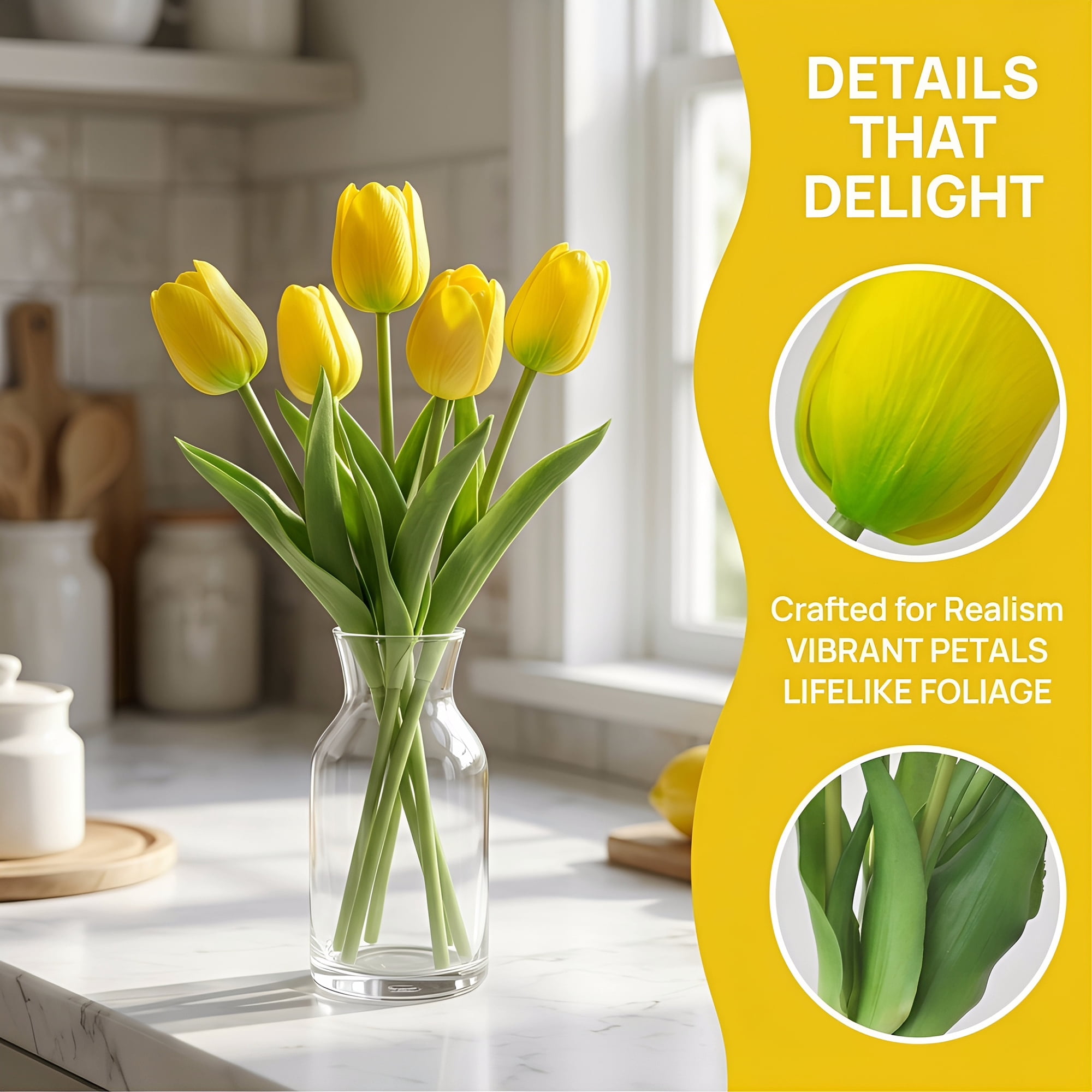 Unique Bargains Artificial Tulips Flowers 5 Pcs Silk Tulips Mini Bouquet [Yellow] 9.8 in