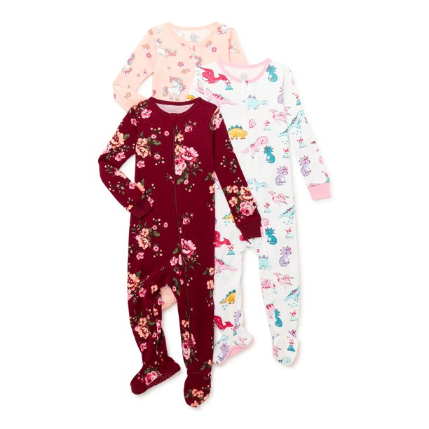 Wonder Nation Wonder Nation Infant Baby Girl Snug Fit Sleep and Play Pajamas, 3 Pack, 12