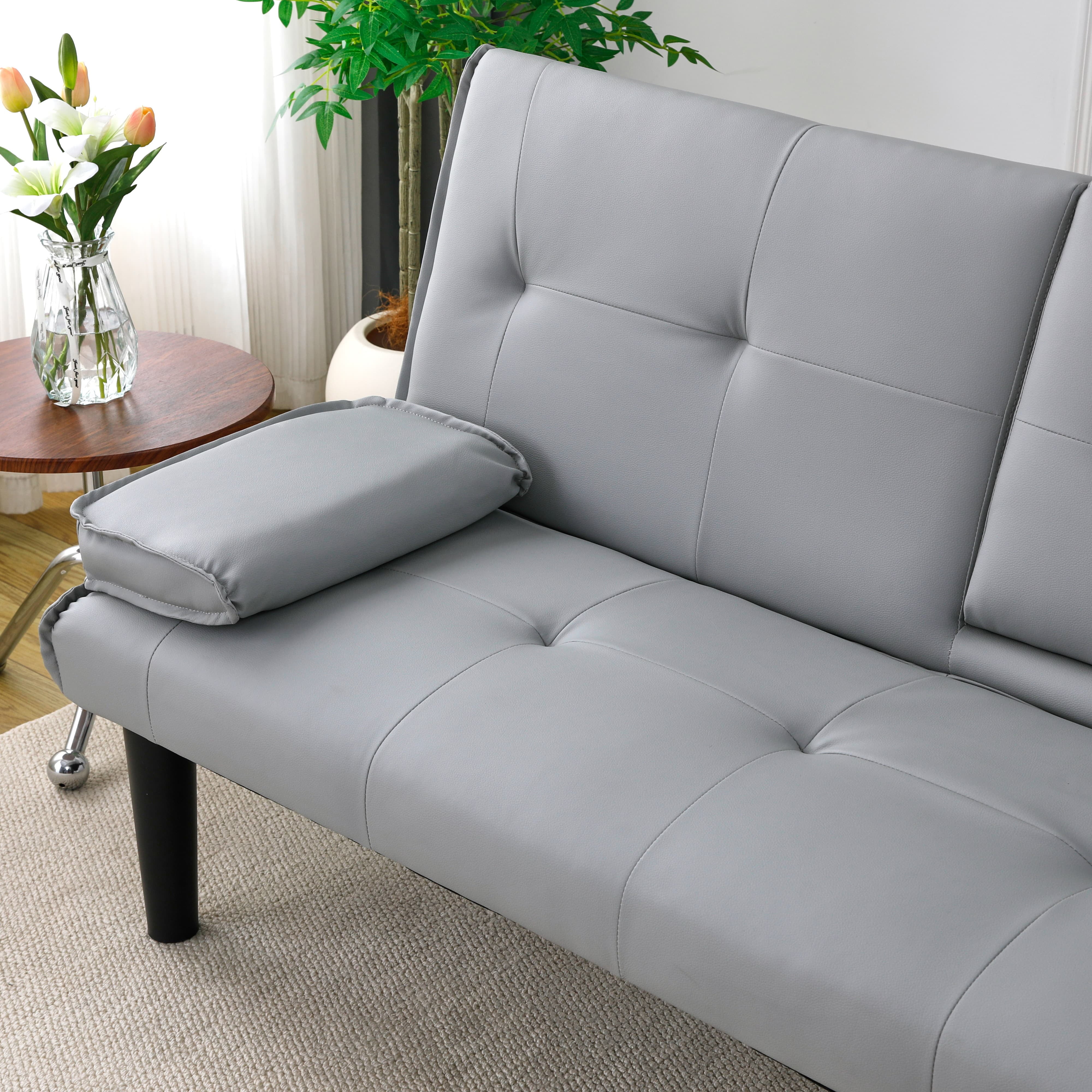 MAYEERTY 67" Convertible Sofa Bed PVC Loveseat Sofa with Cup Holder for Apartment, Living Room, Small Space, Light Gray