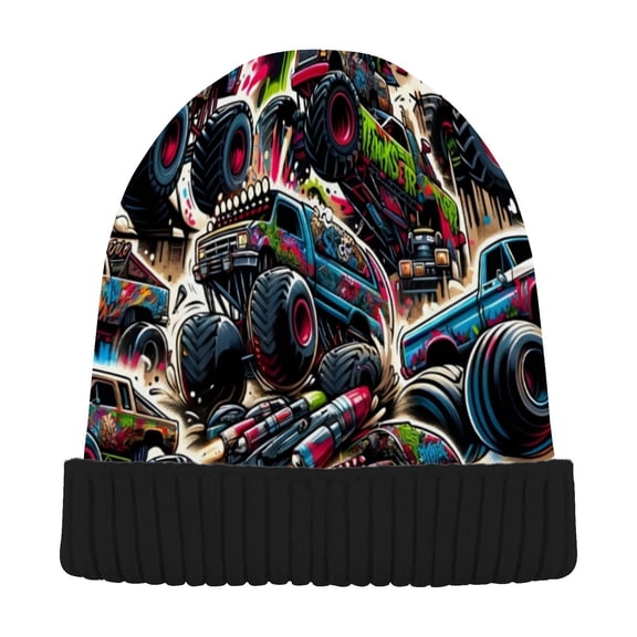JSTEL Monster Trucks Cartoon Graffiti Beanie for Women Men Winter Hat Reversible Skull Knit Cap