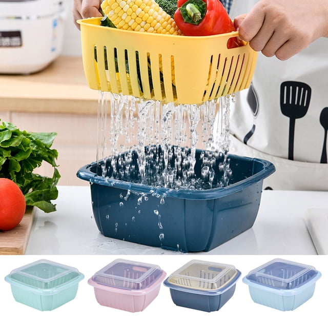 Fiudx Cesta de Drenaje de Doble Capa, Diseño de Tapa Transparente, Almacenamiento Multiusos, Enjuague de Frutas y Verduras, Organización de La Cocina, Conservación En El Refrigerador, Material de Gra