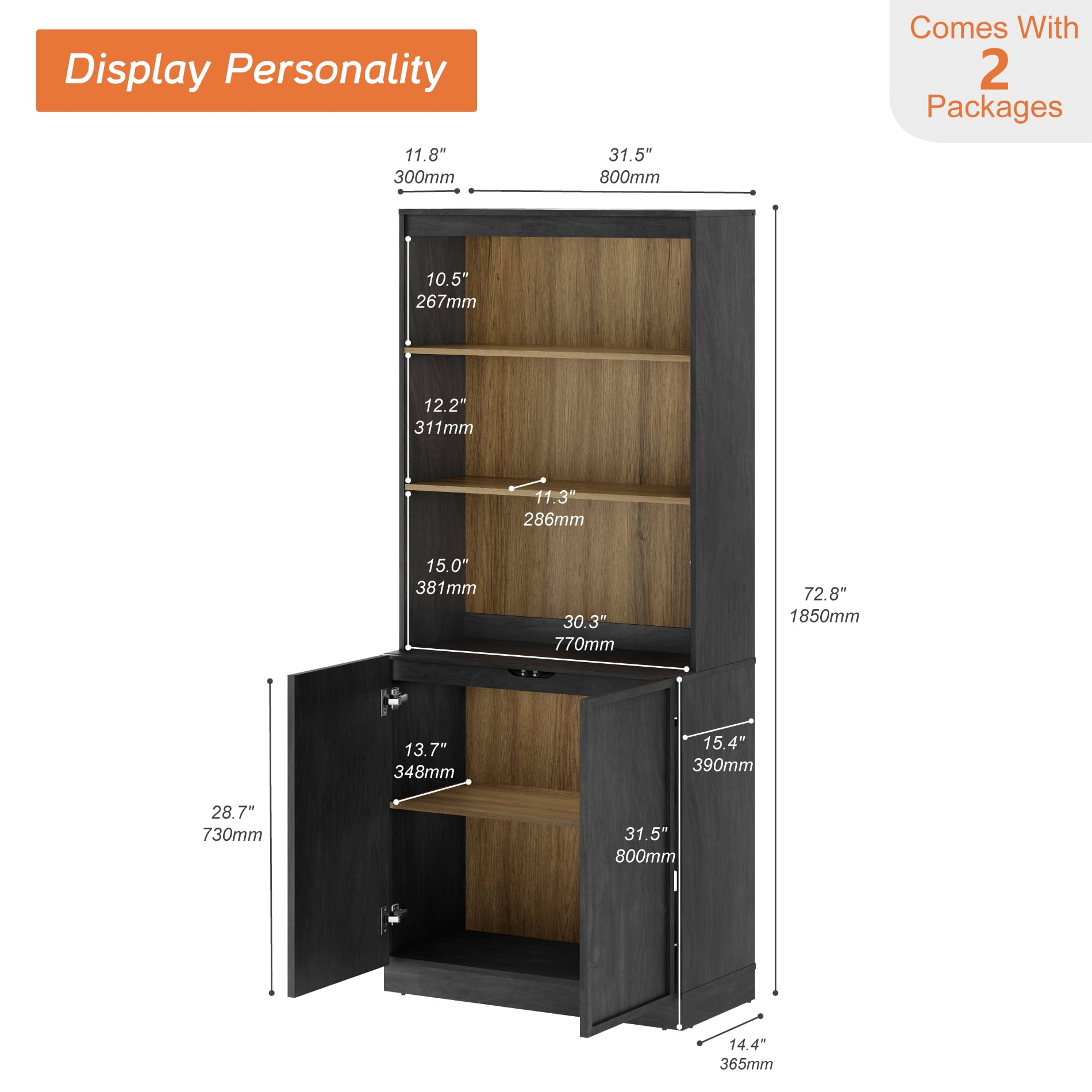 Modern Wood Sideboard Buffet with Doors & Adjustable Shelves, 72" Tall Storage Cabinet for Dining Room Kitchen,Black